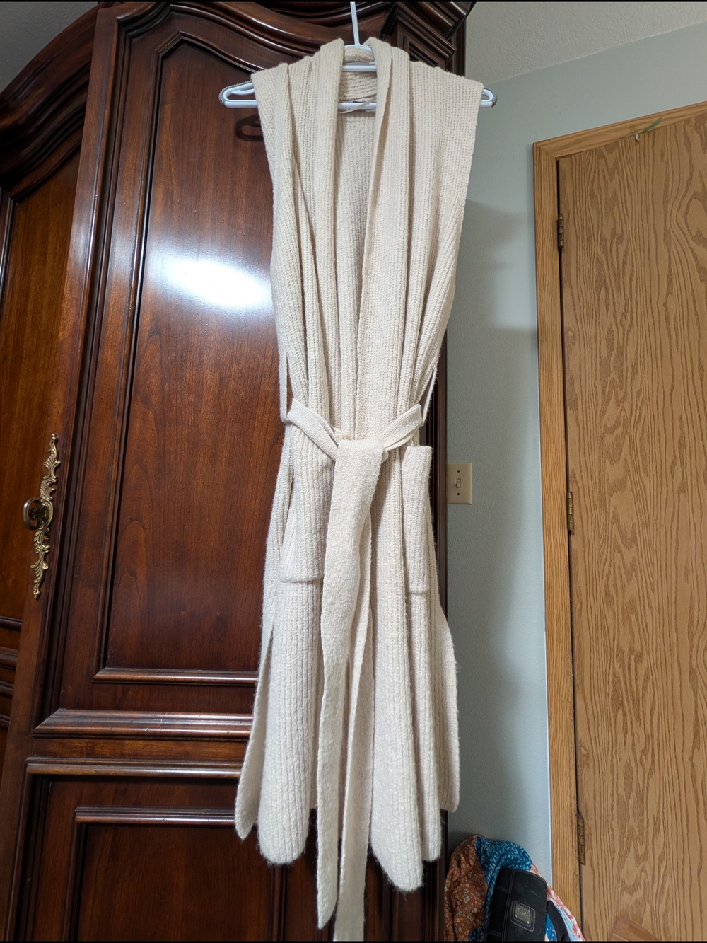 LOFT Cream Ribbed Sleeveless Knit Cardigan Vest with Tie